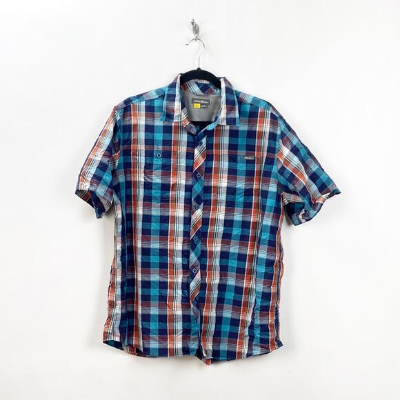 2/$30 Eddie Bauer Large Mens Blue Orange Plaid Button-front Shirt - Picture 1 of 8